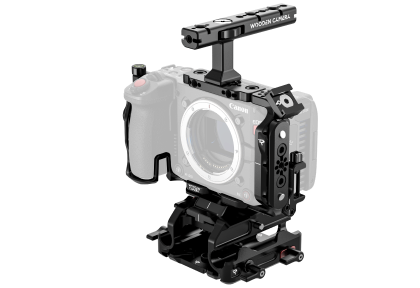 Canon EOS C50 camera body with wooden camera cage on a white background