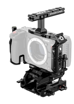 Canon EOS C50 camera body with wooden camera cage on a white background