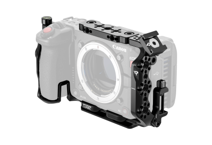 Canon EOS C50 camera body with wooden camera cage on a white background